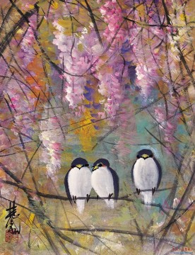 pájaros en flores rosas tinta china antigua Pinturas al óleo
